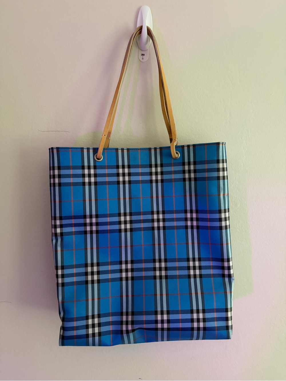 Burberry Blue Plaid Tote Bag with Tan Handles